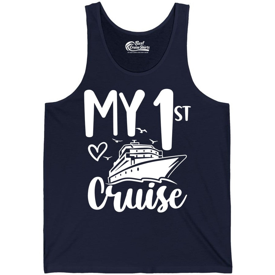 My First Cruise Shirt - Cruise Trip Shirt for First Time Cruisers (Tank Top) in Navy - My First Cruise Shirt - Playful Lettering with Ship Heart Seagulls