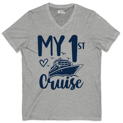 My First Cruise Shirt - Cruise Trip Shirt for First Time Cruisers (V-Neck) in Athletic Heather - My First Cruise Shirt - Playful Lettering with Ship Heart Seagulls