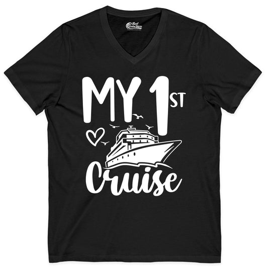 My First Cruise Shirt - Cruise Trip Shirt for First Time Cruisers (V-Neck) in Black - My First Cruise Shirt - Playful Lettering with Ship Heart Seagulls