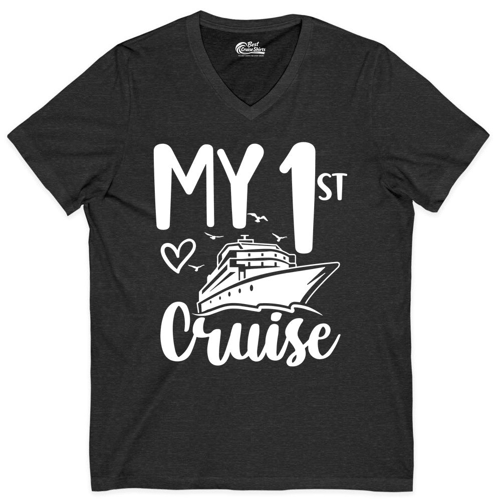 My First Cruise Shirt - Cruise Trip Shirt for First Time Cruisers (V-Neck) in Dark Grey Heather - My First Cruise Shirt - Playful Lettering with Ship Heart Seagulls