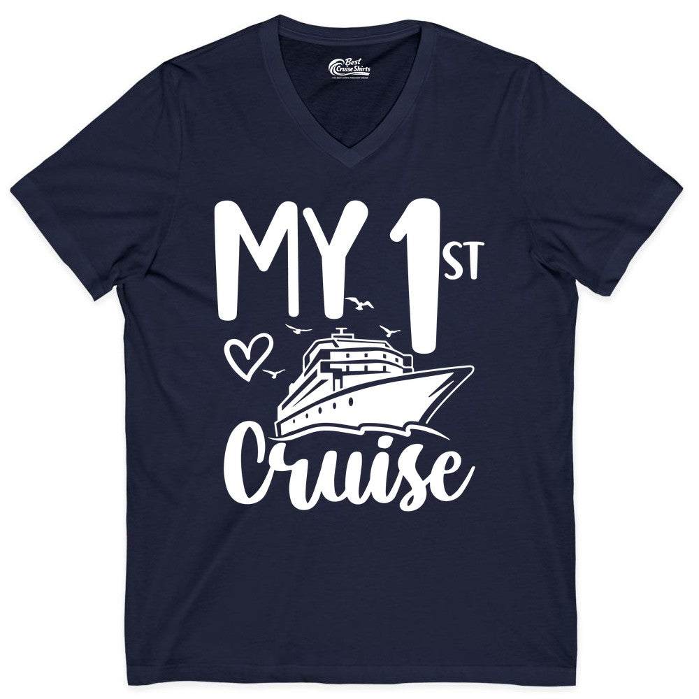 My First Cruise Shirt - Cruise Trip Shirt for First Time Cruisers (V-Neck) in Navy - My First Cruise Shirt - Playful Lettering with Ship Heart Seagulls