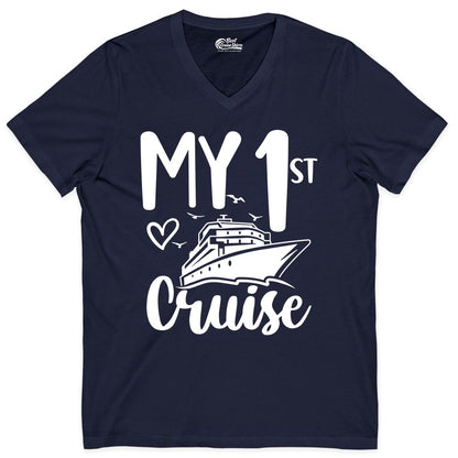 My First Cruise Shirt - Cruise Trip Shirt for First Time Cruisers (V-Neck) in Navy - My First Cruise Shirt - Playful Lettering with Ship Heart Seagulls