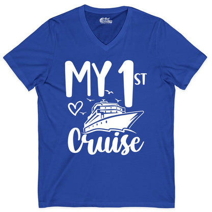 My First Cruise Shirt - Cruise Trip Shirt for First Time Cruisers (V-Neck) in True Royal - My First Cruise Shirt - Playful Lettering with Ship Heart Seagulls