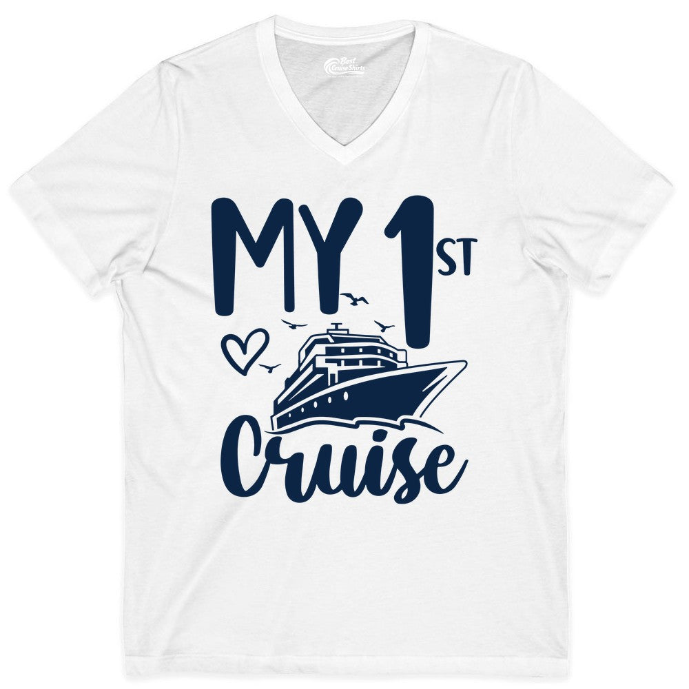 My First Cruise Shirt - Cruise Trip Shirt for First Time Cruisers (V-Neck) in White - My First Cruise Shirt - Playful Lettering with Ship Heart Seagulls