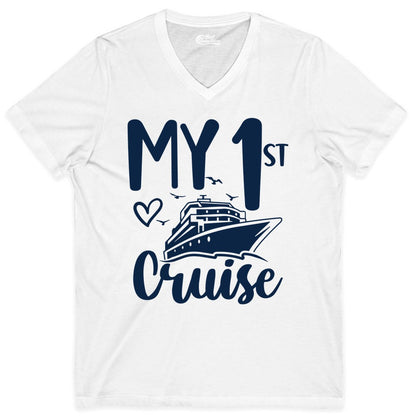 My First Cruise Shirt - Cruise Trip Shirt for First Time Cruisers (V-Neck) in White - My First Cruise Shirt - Playful Lettering with Ship Heart Seagulls