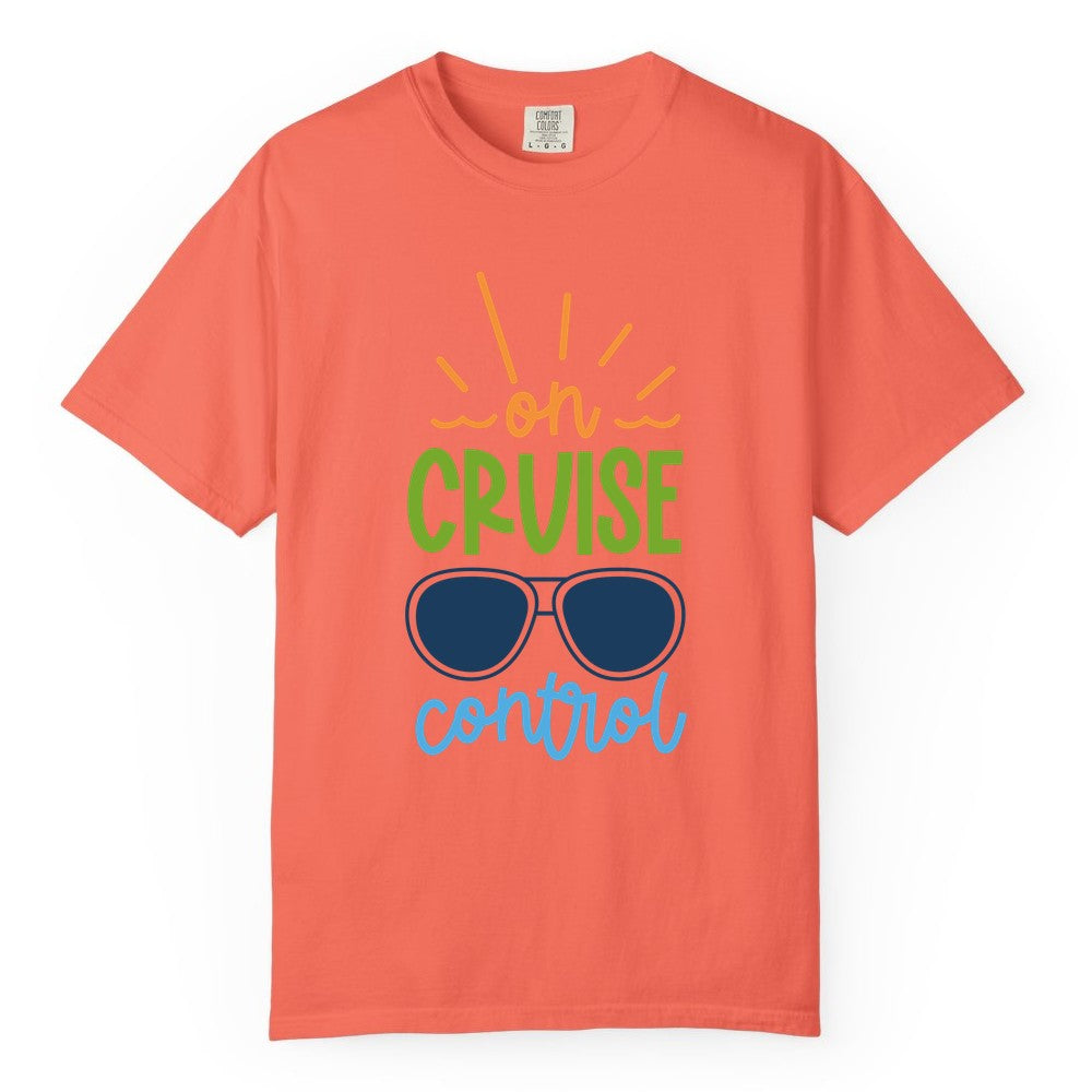 On Cruise Control Shirt - Fun Cruise Ship Apparel for Vacationers (Comfort Color) in Bright Salmon - On Cruise Control Shirt - Bold Sunglasses Vacation Relaxation Design