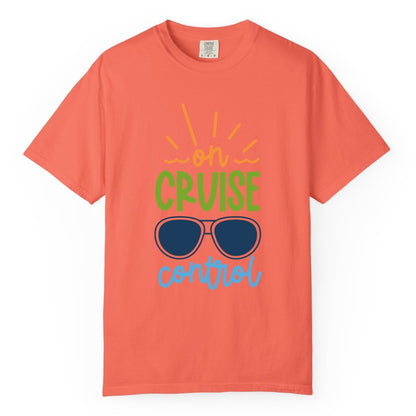 On Cruise Control Shirt - Fun Cruise Ship Apparel for Vacationers (Comfort Color) in Bright Salmon - On Cruise Control Shirt - Bold Sunglasses Vacation Relaxation Design
