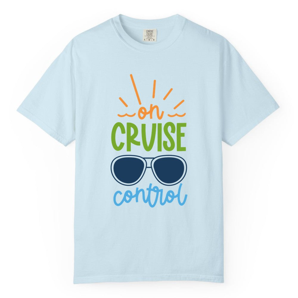 On Cruise Control Shirt - Fun Cruise Ship Apparel for Vacationers (Comfort Color) in Chambray - On Cruise Control Shirt - Bold Sunglasses Vacation Relaxation Design