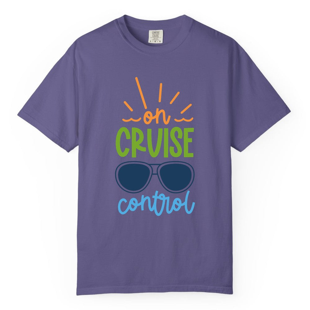 On Cruise Control Shirt - Fun Cruise Ship Apparel for Vacationers (Comfort Color) in Grape - On Cruise Control Shirt - Bold Sunglasses Vacation Relaxation Design