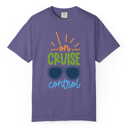 On Cruise Control Shirt - Fun Cruise Ship Apparel for Vacationers (Comfort Color) in Grape - On Cruise Control Shirt - Bold Sunglasses Vacation Relaxation Design