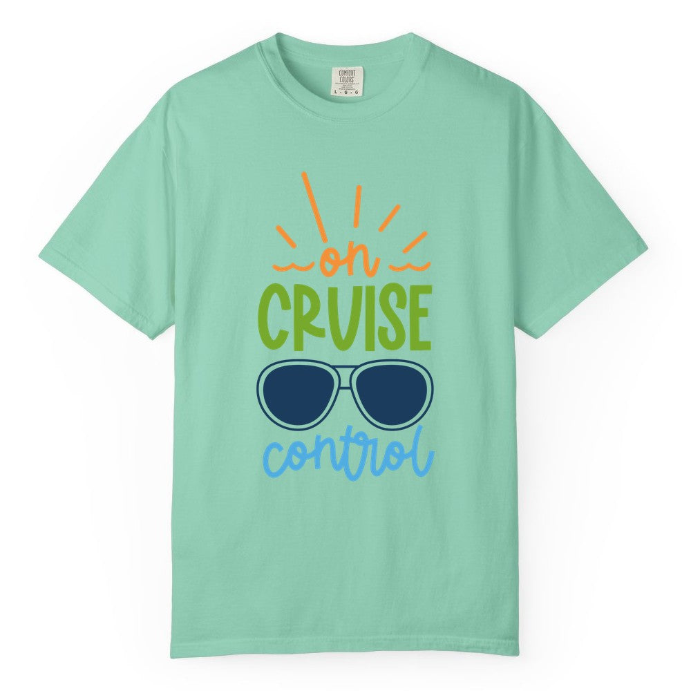 On Cruise Control Shirt - Fun Cruise Ship Apparel for Vacationers (Comfort Color) in Island Reef - On Cruise Control Shirt - Bold Sunglasses Vacation Relaxation Design
