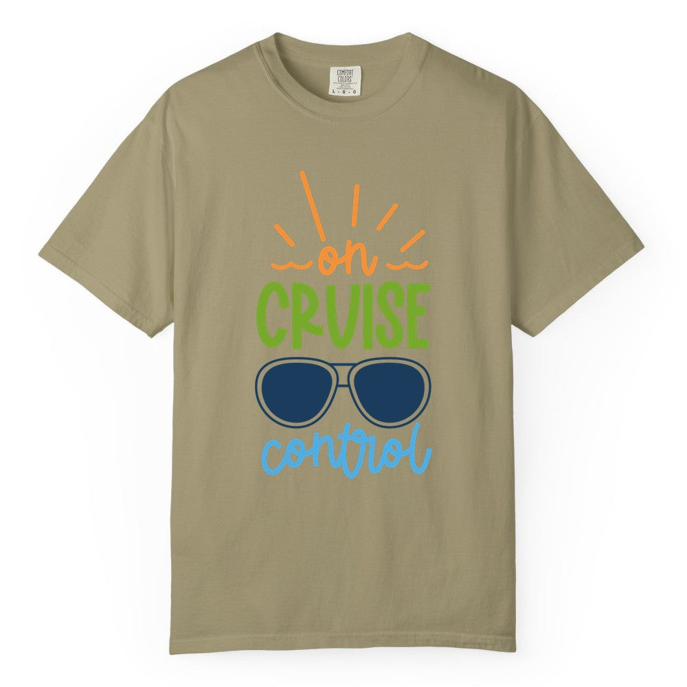 On Cruise Control Shirt - Fun Cruise Ship Apparel for Vacationers (Comfort Color) in Khaki - On Cruise Control Shirt - Bold Sunglasses Vacation Relaxation Design