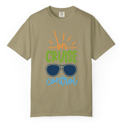 On Cruise Control Shirt - Fun Cruise Ship Apparel for Vacationers (Comfort Color) in Khaki - On Cruise Control Shirt - Bold Sunglasses Vacation Relaxation Design