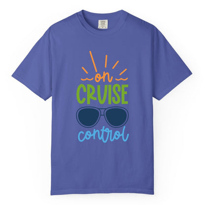 On Cruise Control Shirt - Fun Cruise Ship Apparel for Vacationers (Comfort Color) in Periwinkle - On Cruise Control Shirt - Bold Sunglasses Vacation Relaxation Design
