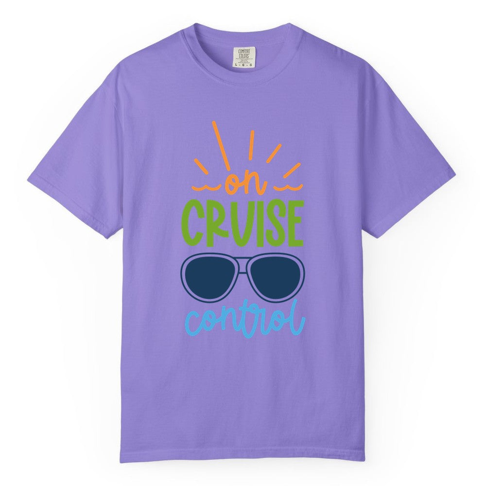 On Cruise Control Shirt - Fun Cruise Ship Apparel for Vacationers (Comfort Color) in Violet - On Cruise Control Shirt - Bold Sunglasses Vacation Relaxation Design