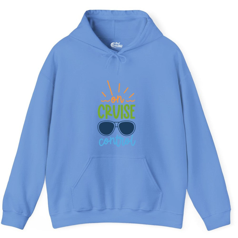 On Cruise Control Shirt - Fun Cruise Ship Apparel for Vacationers (Hoodie) in Carolina Blue - On Cruise Control Shirt - Bold Sunglasses Vacation Relaxation Design