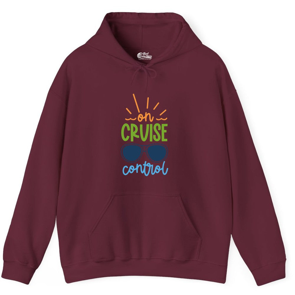 On Cruise Control Shirt - Fun Cruise Ship Apparel for Vacationers (Hoodie) in Maroon - On Cruise Control Shirt - Bold Sunglasses Vacation Relaxation Design