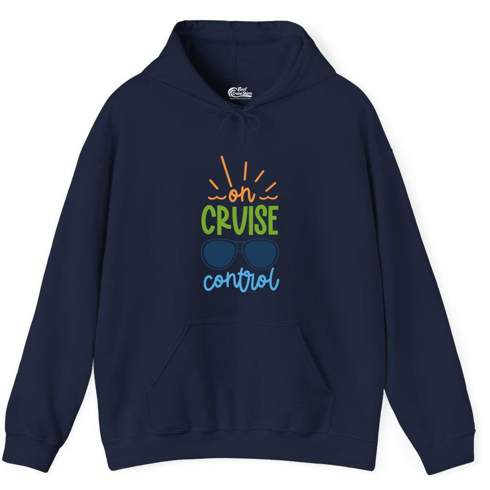 On Cruise Control Shirt - Fun Cruise Ship Apparel for Vacationers (Hoodie) in Navy - On Cruise Control Shirt - Bold Sunglasses Vacation Relaxation Design