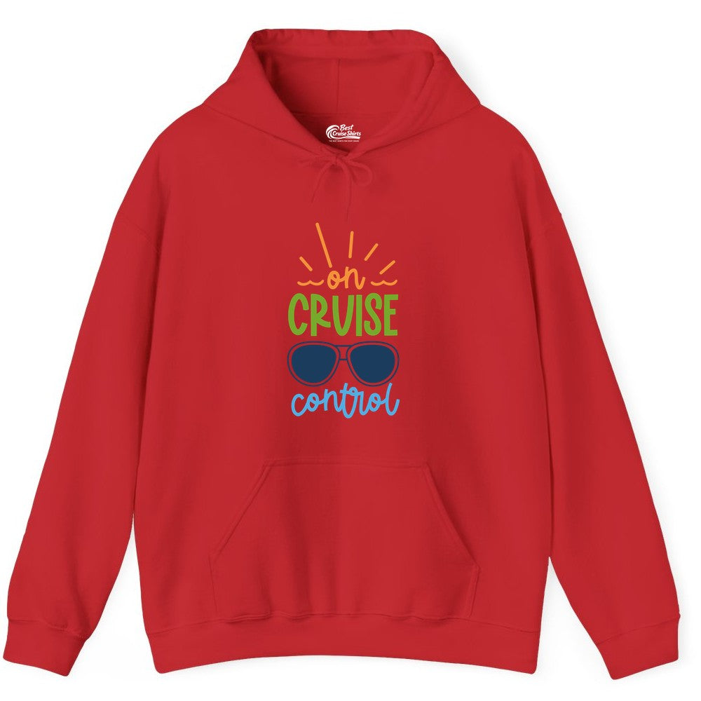 On Cruise Control Shirt - Fun Cruise Ship Apparel for Vacationers (Hoodie) in Red - On Cruise Control Shirt - Bold Sunglasses Vacation Relaxation Design