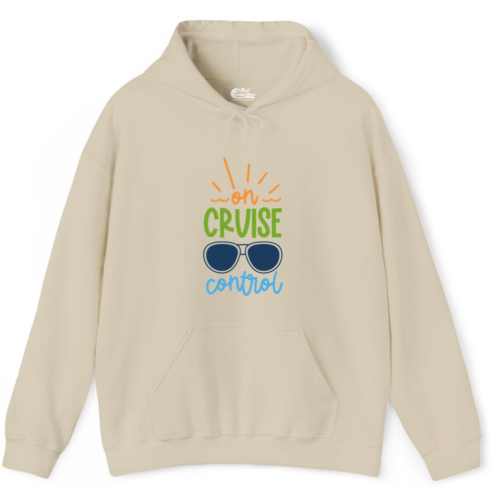On Cruise Control Shirt - Fun Cruise Ship Apparel for Vacationers (Hoodie) in Sand - On Cruise Control Shirt - Bold Sunglasses Vacation Relaxation Design