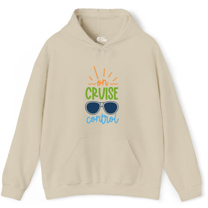 On Cruise Control Shirt - Fun Cruise Ship Apparel for Vacationers (Hoodie) in Sand - On Cruise Control Shirt - Bold Sunglasses Vacation Relaxation Design