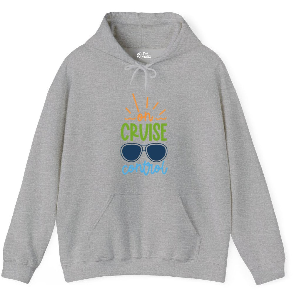 On Cruise Control Shirt - Fun Cruise Ship Apparel for Vacationers (Hoodie) in Sport Grey - On Cruise Control Shirt - Bold Sunglasses Vacation Relaxation Design