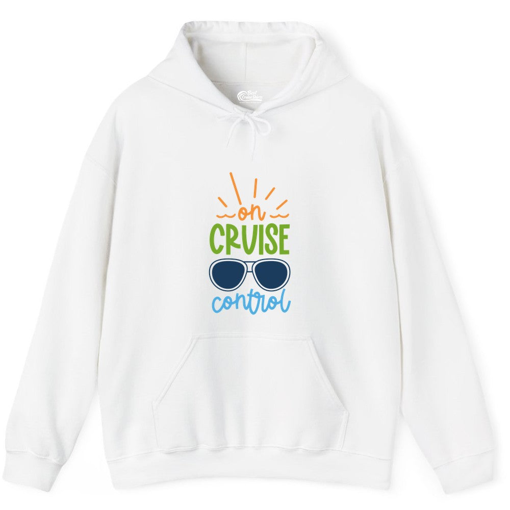 On Cruise Control Shirt - Fun Cruise Ship Apparel for Vacationers (Hoodie) in White - On Cruise Control Shirt - Bold Sunglasses Vacation Relaxation Design