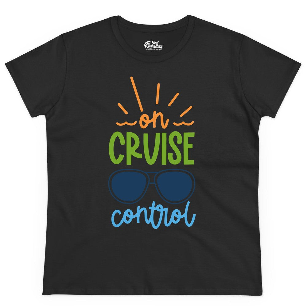 On Cruise Control Shirt - Fun Cruise Ship Apparel for Vacationers (Ladies Tee) in Black - On Cruise Control Shirt - Bold Sunglasses Vacation Relaxation Design
