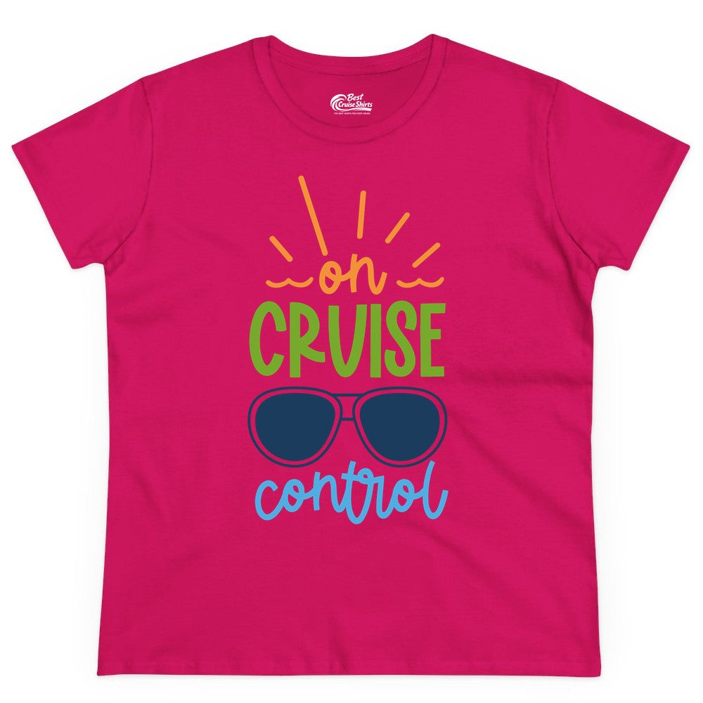 On Cruise Control Shirt - Fun Cruise Ship Apparel for Vacationers (Ladies Tee) in Heliconia - On Cruise Control Shirt - Bold Sunglasses Vacation Relaxation Design