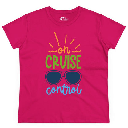 On Cruise Control Shirt - Fun Cruise Ship Apparel for Vacationers (Ladies Tee) in Heliconia - On Cruise Control Shirt - Bold Sunglasses Vacation Relaxation Design