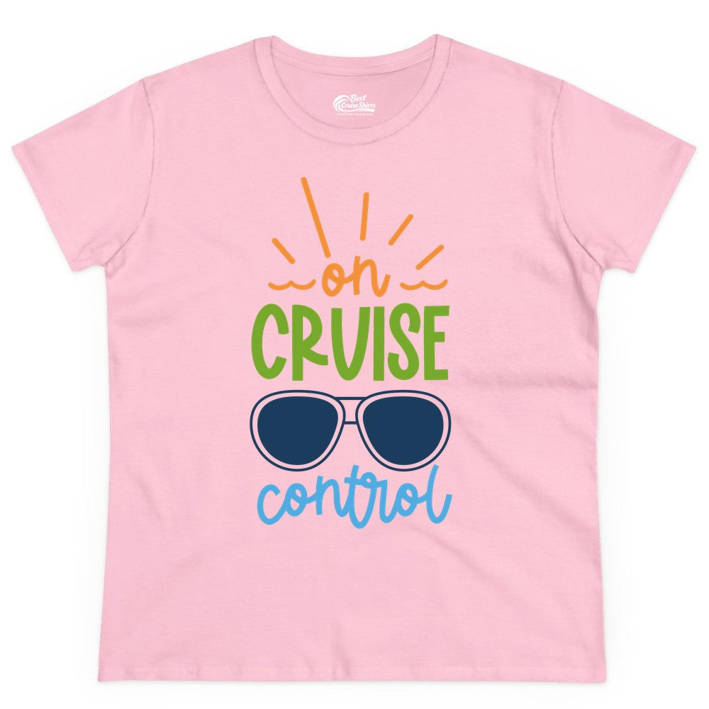 On Cruise Control Shirt - Fun Cruise Ship Apparel for Vacationers (Ladies Tee) in Light Pink - On Cruise Control Shirt - Bold Sunglasses Vacation Relaxation Design