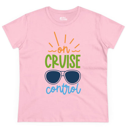 On Cruise Control Shirt - Fun Cruise Ship Apparel for Vacationers (Ladies Tee) in Light Pink - On Cruise Control Shirt - Bold Sunglasses Vacation Relaxation Design