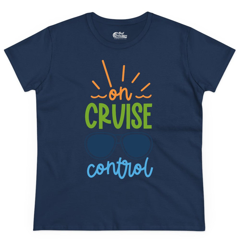 On Cruise Control Shirt - Fun Cruise Ship Apparel for Vacationers (Ladies Tee) in Navy - On Cruise Control Shirt - Bold Sunglasses Vacation Relaxation Design