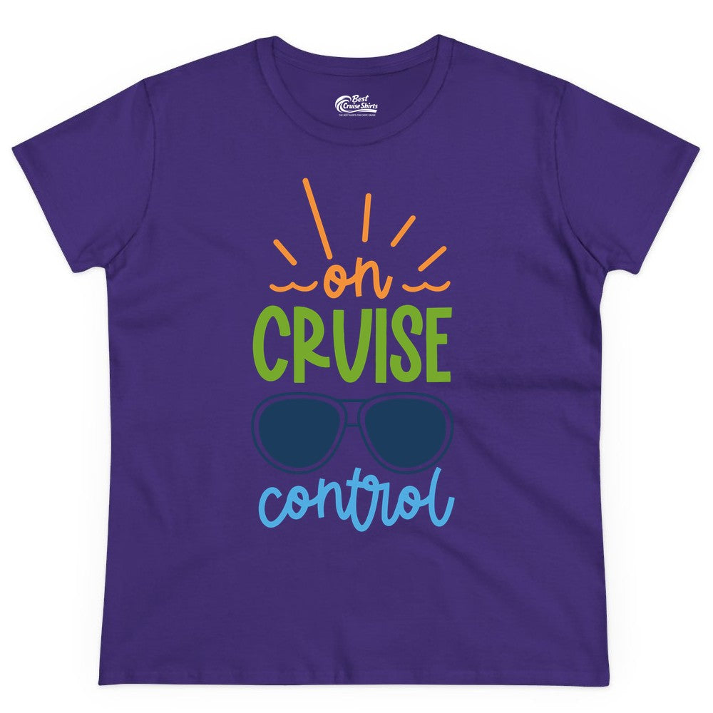 On Cruise Control Shirt - Fun Cruise Ship Apparel for Vacationers (Ladies Tee) in Purple - On Cruise Control Shirt - Bold Sunglasses Vacation Relaxation Design