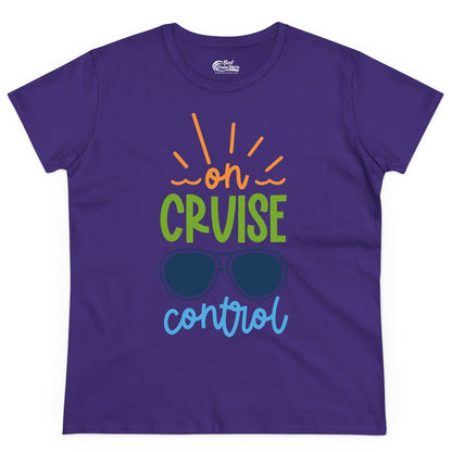 On Cruise Control Shirt - Fun Cruise Ship Apparel for Vacationers (Ladies Tee) in Purple - On Cruise Control Shirt - Bold Sunglasses Vacation Relaxation Design