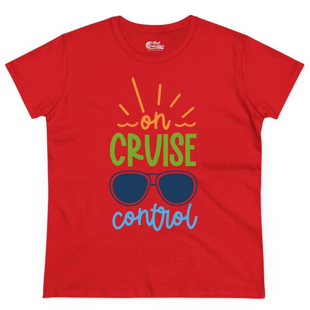 On Cruise Control Shirt - Fun Cruise Ship Apparel for Vacationers (Ladies Tee) in Red - On Cruise Control Shirt - Bold Sunglasses Vacation Relaxation Design