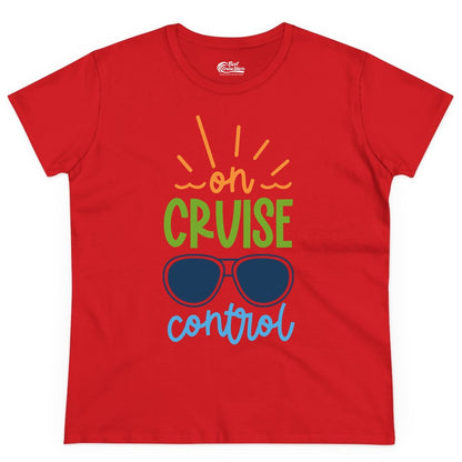 On Cruise Control Shirt - Fun Cruise Ship Apparel for Vacationers (Ladies Tee) in Red - On Cruise Control Shirt - Bold Sunglasses Vacation Relaxation Design