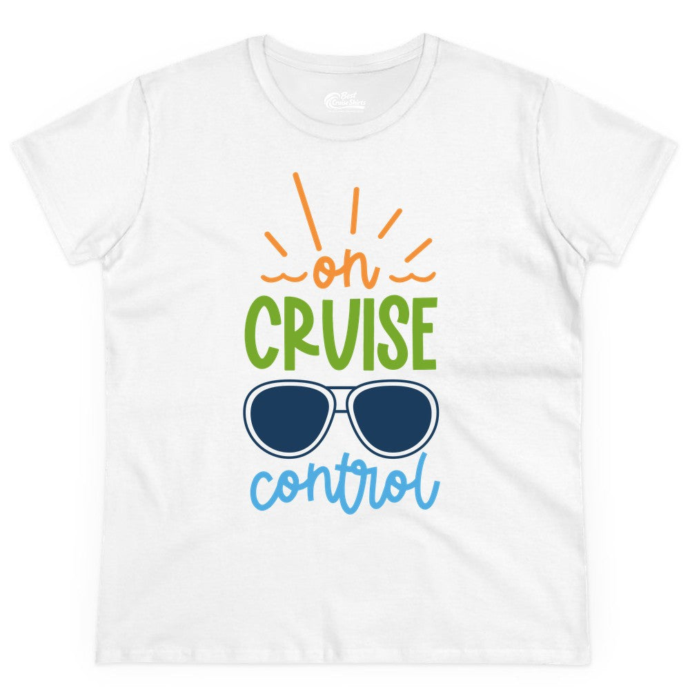 On Cruise Control Shirt - Fun Cruise Ship Apparel for Vacationers (Ladies Tee) in White - On Cruise Control Shirt - Bold Sunglasses Vacation Relaxation Design