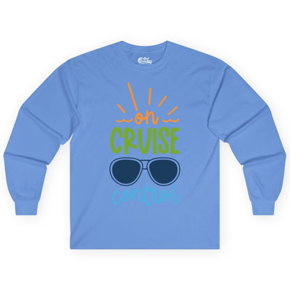 On Cruise Control Shirt - Fun Cruise Ship Apparel for Vacationers (Long Sleeve) in Carolina Blue - On Cruise Control Shirt - Bold Sunglasses Vacation Relaxation Design