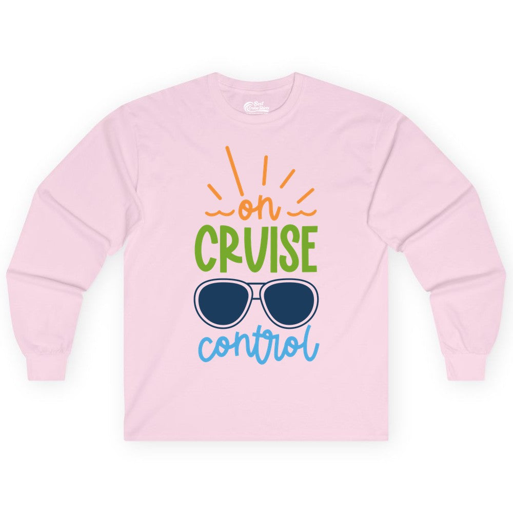 On Cruise Control Shirt - Fun Cruise Ship Apparel for Vacationers (Long Sleeve) in Light Pink - On Cruise Control Shirt - Bold Sunglasses Vacation Relaxation Design