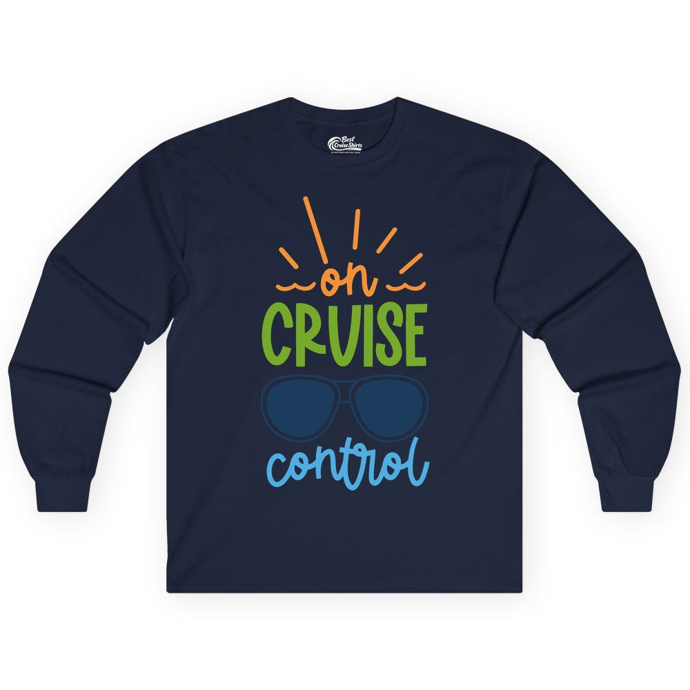On Cruise Control Shirt - Fun Cruise Ship Apparel for Vacationers (Long Sleeve) in Navy - On Cruise Control Shirt - Bold Sunglasses Vacation Relaxation Design