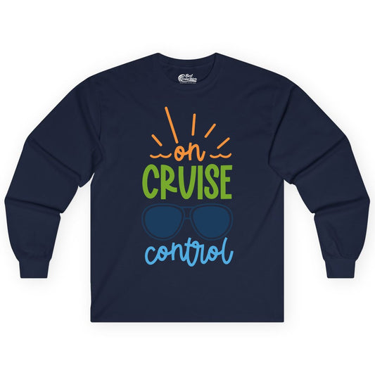 On Cruise Control Shirt - Fun Cruise Ship Apparel for Vacationers (Long Sleeve) in Navy - On Cruise Control Shirt - Bold Sunglasses Vacation Relaxation Design