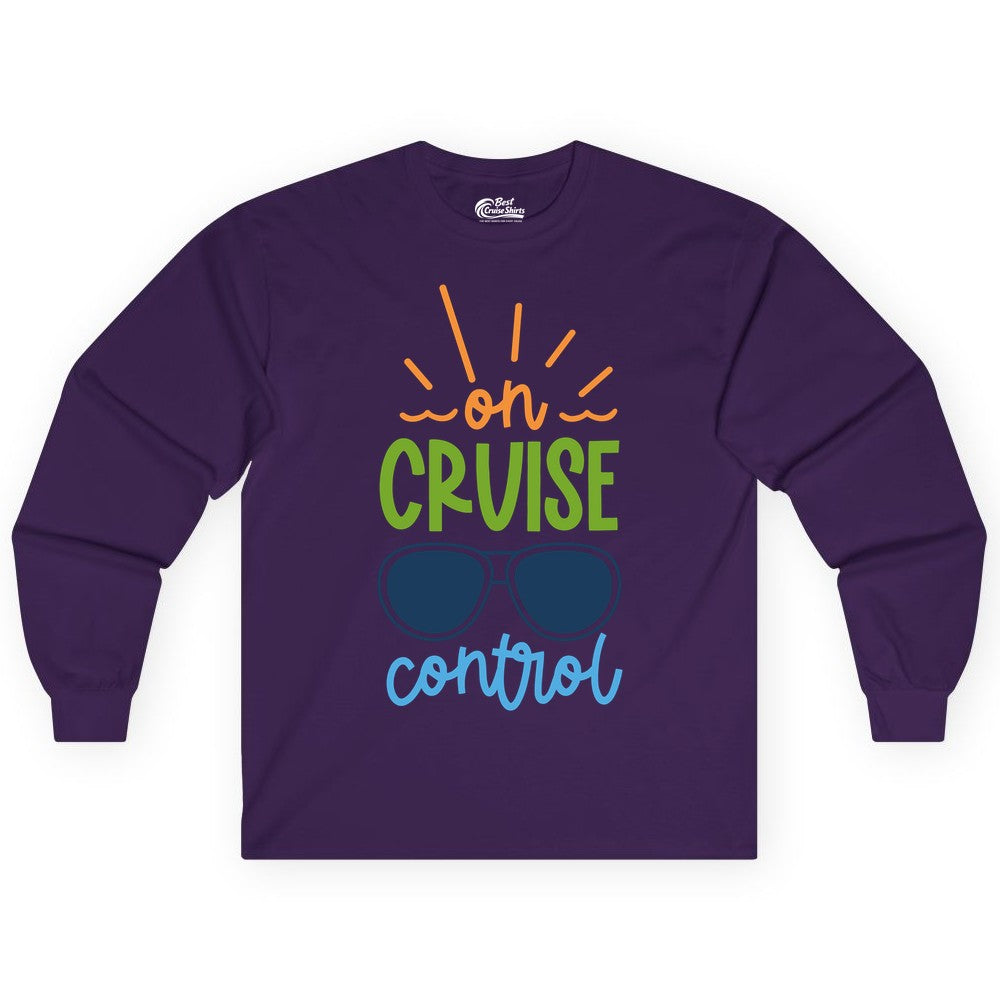 On Cruise Control Shirt - Fun Cruise Ship Apparel for Vacationers (Long Sleeve) in Purple - On Cruise Control Shirt - Bold Sunglasses Vacation Relaxation Design