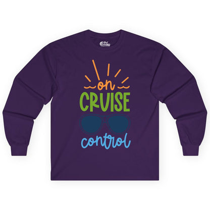 On Cruise Control Shirt - Fun Cruise Ship Apparel for Vacationers (Long Sleeve) in Purple - On Cruise Control Shirt - Bold Sunglasses Vacation Relaxation Design