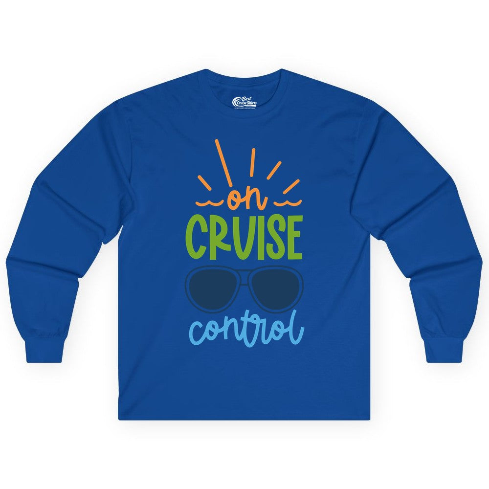 On Cruise Control Shirt - Fun Cruise Ship Apparel for Vacationers (Long Sleeve) in Royal - On Cruise Control Shirt - Bold Sunglasses Vacation Relaxation Design