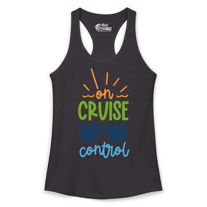 On Cruise Control Shirt - Fun Cruise Ship Apparel for Vacationers (Ladies Tank) in Black - On Cruise Control Shirt - Bold Sunglasses Vacation Relaxation Design