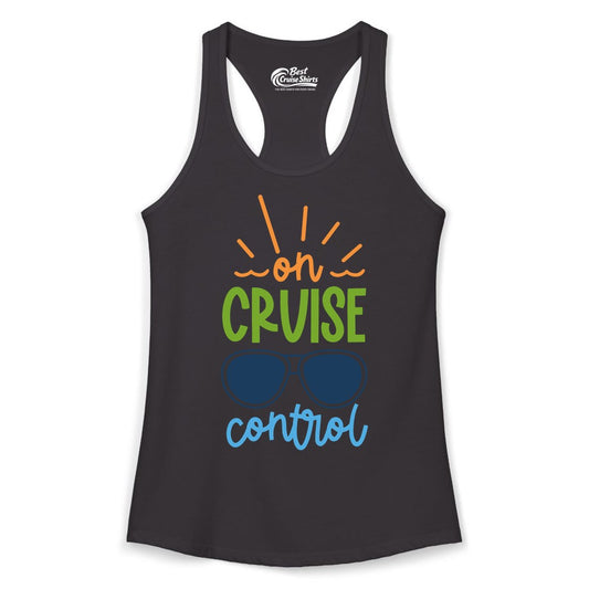 On Cruise Control Shirt - Fun Cruise Ship Apparel for Vacationers (Ladies Tank) in Black - On Cruise Control Shirt - Bold Sunglasses Vacation Relaxation Design