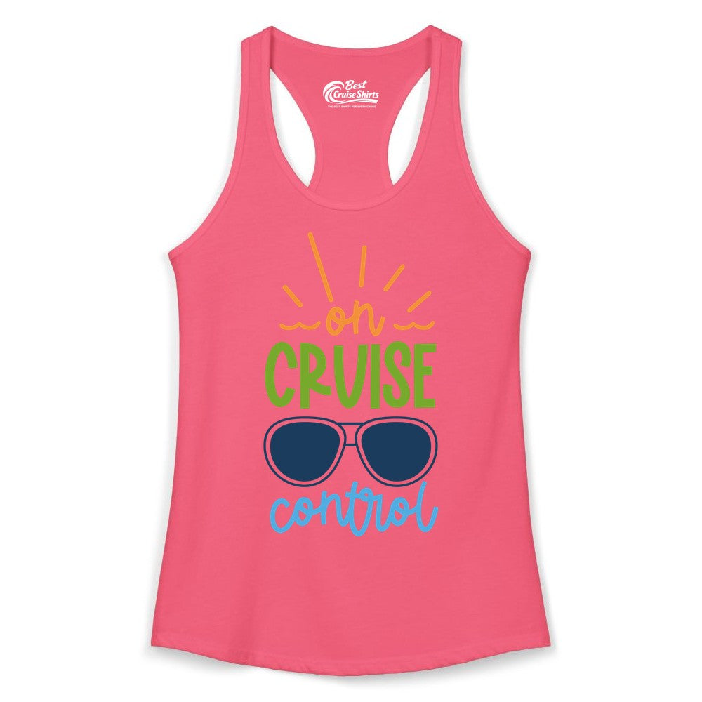 On Cruise Control Shirt - Fun Cruise Ship Apparel for Vacationers (Ladies Tank) in Hot Pink - On Cruise Control Shirt - Bold Sunglasses Vacation Relaxation Design