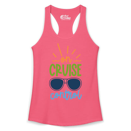 On Cruise Control Shirt - Fun Cruise Ship Apparel for Vacationers (Ladies Tank) in Hot Pink - On Cruise Control Shirt - Bold Sunglasses Vacation Relaxation Design