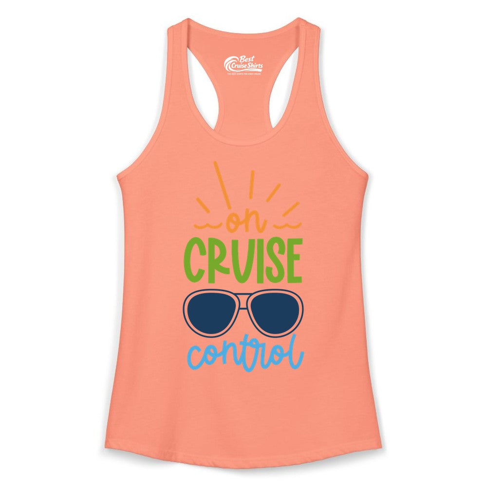 On Cruise Control Shirt - Fun Cruise Ship Apparel for Vacationers (Ladies Tank) in Solid Light Orange - On Cruise Control Shirt - Bold Sunglasses Vacation Relaxation Design